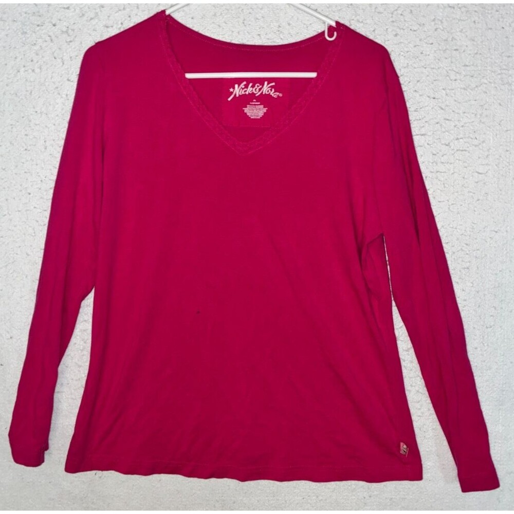 Nick & Nora Pink PJ Top Long Sleeve V-neck Womens XL VTG Crochet Cotton sleep